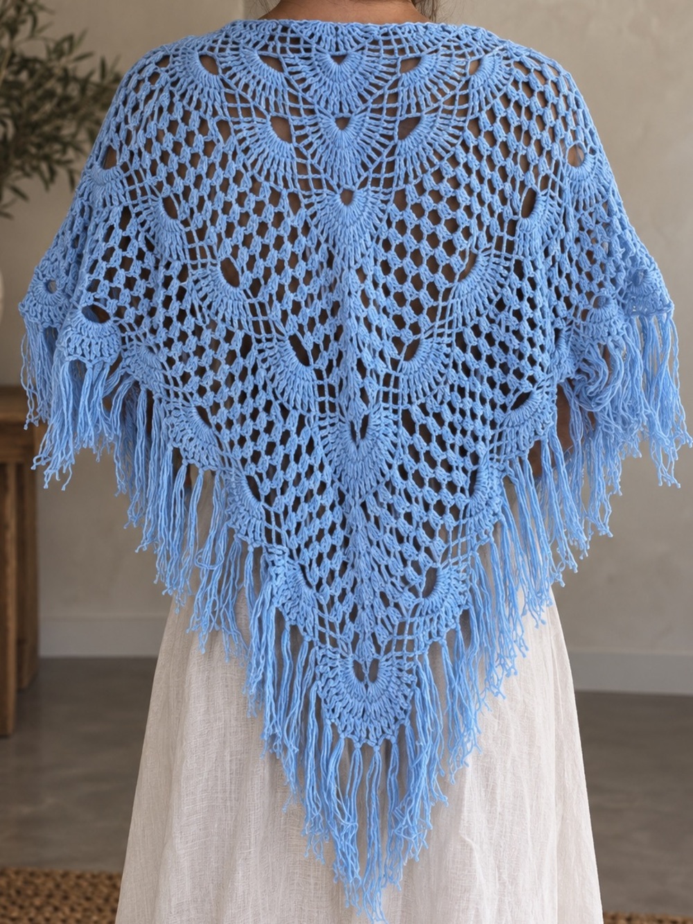 Light Blue Crochet Fringe Shawl Wrap